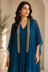 TEAL TITANIUM DHOTI DRAPE DRESS WITH FREE FALL FUSION EMBROIDER CAPE