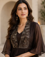 METALLIC MOONLIT GOWN WITH JEWEL DRAPE CAPE