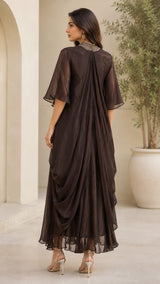 METALLIC MOONLIT GOWN WITH JEWEL DRAPE CAPE