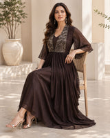 METALLIC MOONLIT GOWN WITH JEWEL DRAPE CAPE