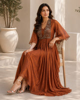 METALLIC BRONGE GOWN WITH JEWEL DRAPE CAPE