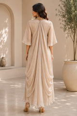 CHAMPAGNE GLOW GOWN WITH JEWEL DRAPE CAPE