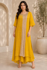 GOLDEN GLOW SEQUIN LAYERED A-LINE CAPE WITH GOWN