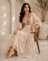 CHAMPAGNE GLOW GOWN WITH JEWEL DRAPE CAPE