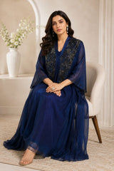 METALLIC MIDNIGHT REGAL DRAPE DRESS WITH STARLIT WORK CAPE