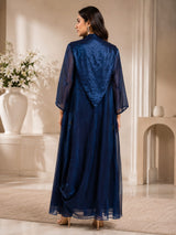 METALLIC MIDNIGHT REGAL DRAPE DRESS WITH STARLIT WORK CAPE