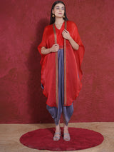 RED ASH DHOTI DRAPE WITH FREE FALL FUSION EMBROIDER CAPE
