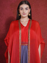 RED ASH DHOTI DRAPE WITH FREE FALL FUSION EMBROIDER CAPE