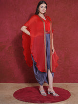 RED ASH DHOTI DRAPE WITH FREE FALL FUSION EMBROIDER CAPE