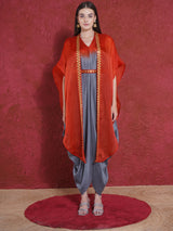 FLAME FALL DHOTI DRAPE WITH FREE FALL FLORAL EMBROIDER CAPE