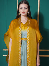 GOLDEN SAGE DHOTI DRAPE WITH FREE FALL FLORAL EMBROIDER CAPE
