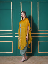 GOLDEN SAGE DHOTI DRAPE WITH FREE FALL FLORAL EMBROIDER CAPE