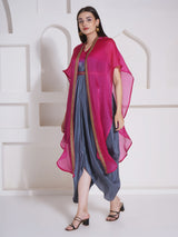 DUSKY ROSE DHOTI DRAPE WITH FREE FALL FUSION EMBROIDER CAPE