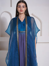 TEAL TITANIUM DHOTI DRAPE WITH FREE FALL FUSION EMBROIDER CAPE