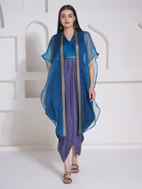 TEAL TITANIUM DHOTI DRAPE WITH FREE FALL FUSION EMBROIDER CAPE