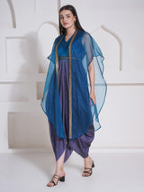 TEAL TITANIUM DHOTI DRAPE WITH FREE FALL FUSION EMBROIDER CAPE