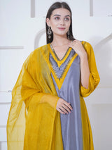 GOLDEN GREY CHEVRON EMBROIDER STRAIGHT KURTA SET