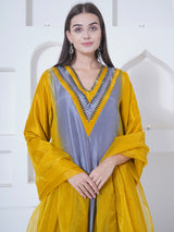 GOLDEN GREY CHEVRON EMBROIDER STRAIGHT KURTA SET