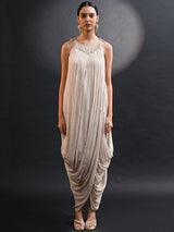 METALLIC GRECIAN DRAPED GOWN WITH SHRUG
