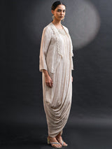 METALLIC GRECIAN DRAPED GOWN WITH SHRUG