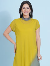 LIME DRIFT JEWEL NECLINE HANDKERCHIEF DRESS