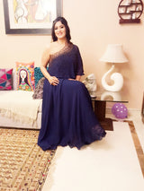 PRAKSIII IN RED ONE SHOULDER CAPE GOWN