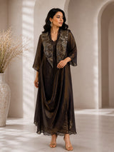 MIDNIGHT BRONZE REGAL DRAPE DRESS WITH STARLIT WORK CAPE