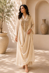 CHAMPAGNE GLOW  REGAL DRAPE DRESS WITH STARLIT WORK CAPE