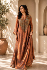 METALLIC BRONGE REGAL DRAPE DRESS WITH STARLIT WORK CAPE