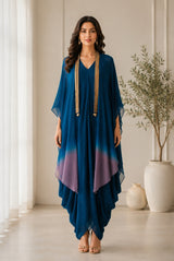 TEAL TITANIUM DHOTI DRAPE DRESS WITH FREE FALL FUSION EMBROIDER CAPE