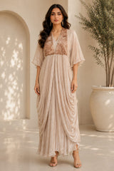 CHAMPAGNE GLOW GOWN WITH JEWEL DRAPE CAPE