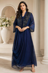 METALLIC MIDNIGHT REGAL DRAPE DRESS WITH STARLIT WORK CAPE