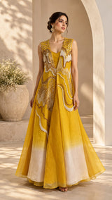 GOLDEN GLOW PEARL EMBROIDERED CAPE AND A-LINE FLARED GOWN