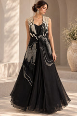 BLACK PEARL EMBROIDERED CAPE AND A-LINE FLARED GOWN
