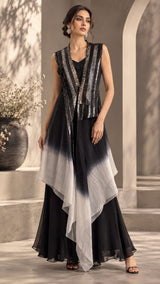 BLACK BRILLIANCE EMBROIDERED CAPE AND A-LINE FLARED GOWN