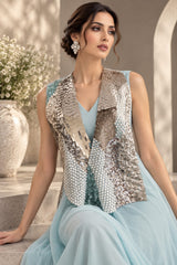 GLACIER BLUE SILVER EMBROIDERED CAPE AND A-LINE FLARED GOWN