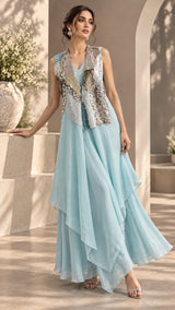 GLACIER BLUE SILVER EMBROIDERED CAPE AND A-LINE FLARED GOWN