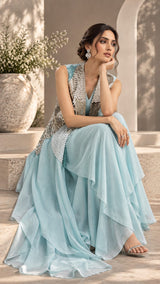 GLACIER BLUE SILVER EMBROIDERED CAPE AND A-LINE FLARED GOWN