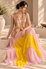 PEACH PATAKA EMBROIDERED CAPE AND A-LINE FLARED GOWN