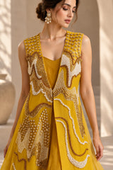 GOLDEN GLOW PEARL EMBROIDERED CAPE AND A-LINE FLARED GOWN