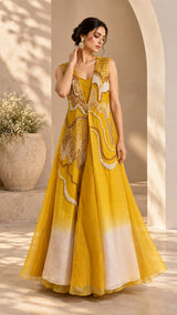 GOLDEN GLOW PEARL EMBROIDERED CAPE AND A-LINE FLARED GOWN