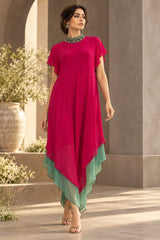 ROSE REEF JEWEL NECKLINE HANDKERCHIEF DRESS