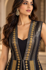 METALLIC MIDNIGHT  ANTIQUE  EMBROIDERED CAPE AND A-LINE FLARED GOWN
