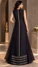 METALLIC MIDNIGHT  ANTIQUE  EMBROIDERED CAPE AND A-LINE FLARED GOWN