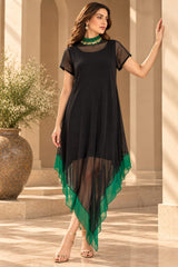 BLACK EMERALD JEWEL NECLINE HANDKERCHIEF DRESS