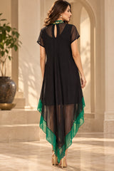 BLACK EMERALD JEWEL NECLINE HANDKERCHIEF DRESS