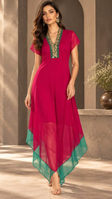 ROSE REEF V NECKLINE HANDKERCHIEF DRESS