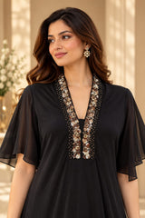 BLACK BRILLIANCE ASYMMETRIC DRAPE DRESS