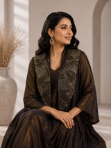 MIDNIGHT BRONZE REGAL DRAPE DRESS WITH STARLIT WORK CAPE