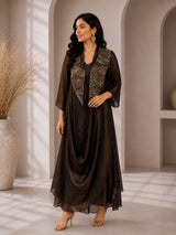 MIDNIGHT BRONZE REGAL DRAPE DRESS WITH STARLIT WORK CAPE